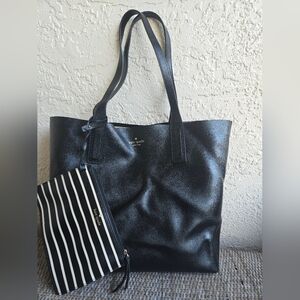 Kate Spade New York Black Leather Tote with Striped Pouch